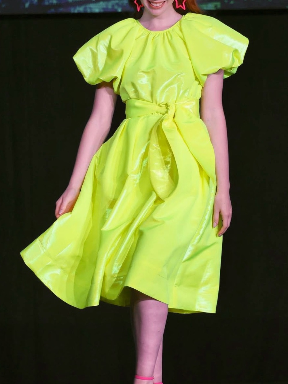 Christopher John Rogers Neon Yellow Puff-Sleeve Midi Dress with Waist Tie